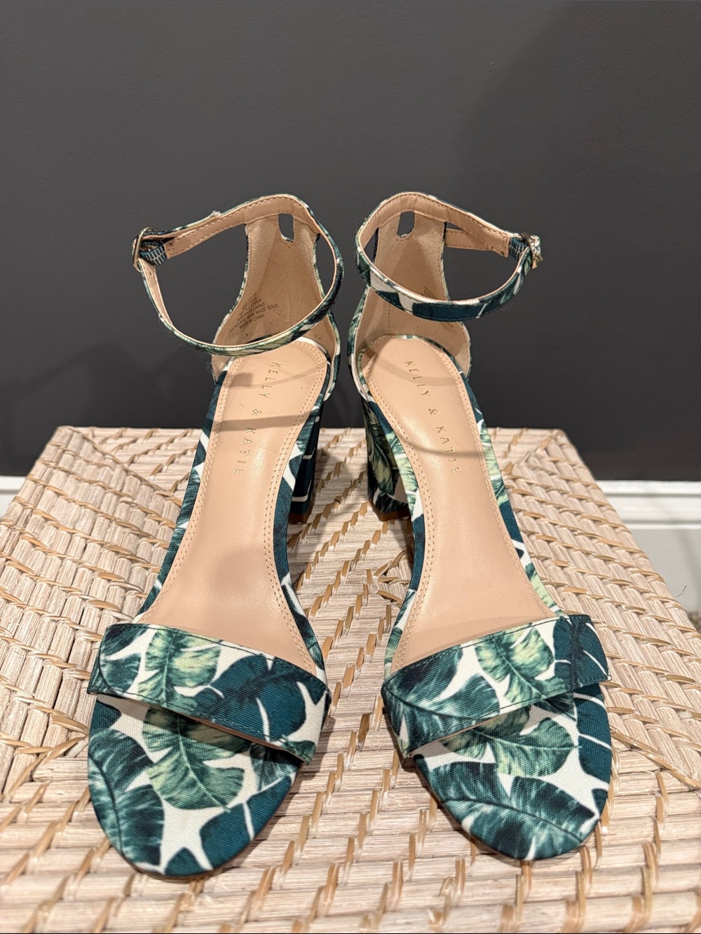 Kelly & Katie Tropical Leaf Print Ankle-Strap Block Heel Sandals